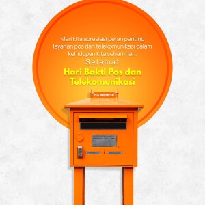 Orange post box with text celebrating Hari Bakti Pos dan Telekomunikasi