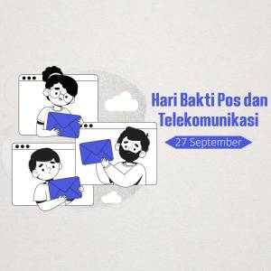 Illustration of people interacting with envelopes through computer screens, celebrating Hari Bakti Pos dan Telekomunikasi.