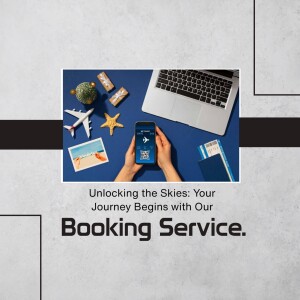Laptop, phone, travel items and tickets with booking service text