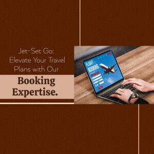 Laptop displaying a flight booking website with hands typing, promoting travel planning services.