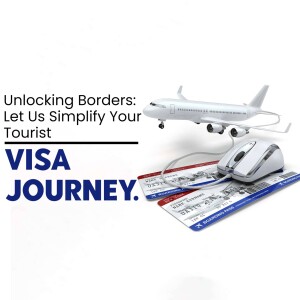 Image depicting a plane, tickets, and computer mouse with text 'Unlocking Borders: Let Us Simplify Your Visa Journey'
