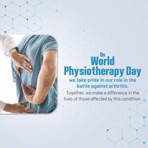 Image depicting a physiotherapist working on a patient's back with text celebrating World Physiotherapy Day and highlighting the fight against arthritis.