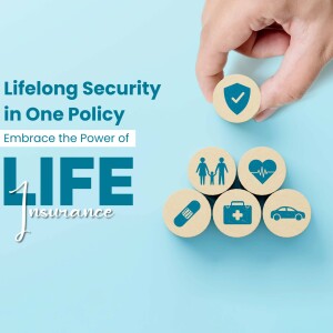 Image depicting life insurance benefits with icons representing family, health, and assets.