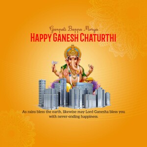 Ganesh Chaturthi greeting with Lord Ganesha and a cityscape