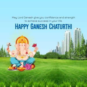 Image of Lord Ganesha with a cityscape background and a festive greeting for Ganesh Chaturthi.