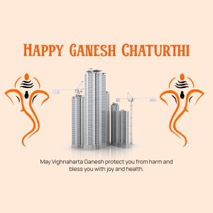 Ganesh Chaturthi greeting with cityscape and Lord Ganesha motifs
