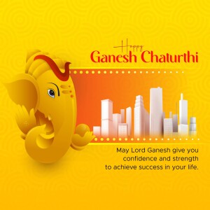 Ganesh Chaturthi greeting with Lord Ganesha and a city skyline
