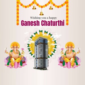 Ganesh Chaturthi greeting with Lord Ganesha and building illustration