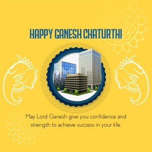 Ganesh Chaturthi greeting with a cityscape and Lord Ganesha motifs.