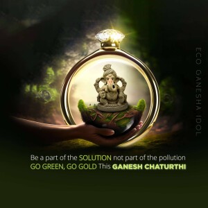 Eco-friendly Ganesha idol in a glass dome held in a hand, promoting a pollution-free Ganesh Chaturthi.