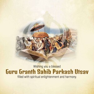 Image depicting Guru Granth Sahib Parkash Utsav with historical figures and an open book.