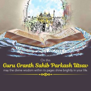 Image depicting the Guru Granth Sahib with the Golden Temple in the background, celebrating Prakash Utsav.