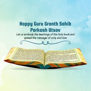 Image depicting an open holy book with text celebrating Guru Granth Sahib Parkash Utsav.