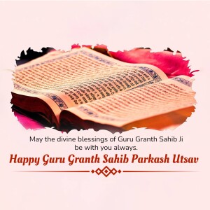 Open Guru Granth Sahib with floral design and text wishing Happy Guru Granth Sahib Prakash Utsav