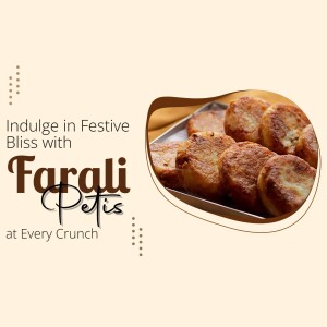 Close-up of Farali Petis, a traditional Indian snack, arranged on a tray with festive text overlay.