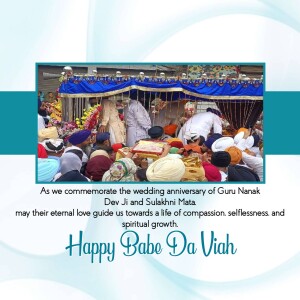 Image depicting a Gurudwara scene with devotees and text commemorating the wedding anniversary of Guru Nanak Dev Ji and Sulakhni Mata.