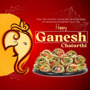 Ganesh Chaturthi greeting with an image of Lord Ganesha and Modak sweets.