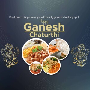 Happy Ganesh Chaturthi image with traditional food offerings