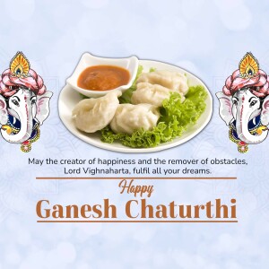 Ganesh Chaturthi greeting with a plate of momos