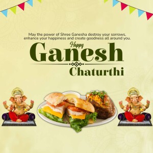 Ganesh Chaturthi greeting with Lord Ganesha, sweets, and a festive banner.