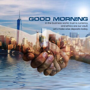 Hands holding a cityscape with the One World Trade Center and text 'Good Morning'