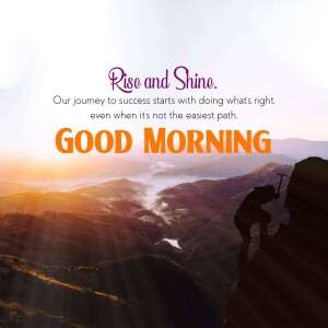 Person climbing a mountain with a sunrise background and motivational text.