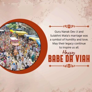 Image depicting a celebration of Babe Da Viah with a crowd and text honoring Guru Nanak Dev Ji and Sulakhni Mata Ji.