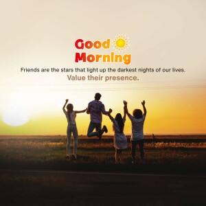 Family jumping silhouetted against a sunrise with 'Good Morning' text.
