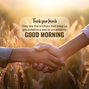 Two people shaking hands in a field with a motivational quote about friendship.