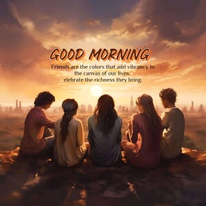 Group of friends watching the sunrise over a city skyline