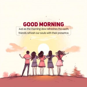 Illustration of friends watching the sunrise with a 'Good Morning' message.