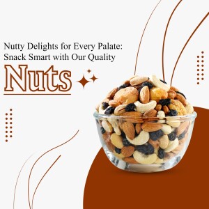 A glass bowl filled with a variety of nuts and dried fruits, promoting a healthy snack option.