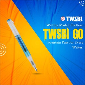 Close-up of a TWSBI GO fountain pen with a blue and yellow background.