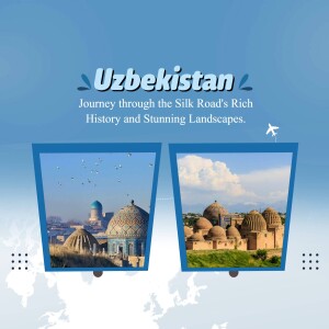 Uzbekistan travel poster featuring historical landmarks and landscapes.
