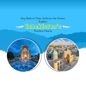 Uzbekistan travel advertisement featuring iconic landmarks