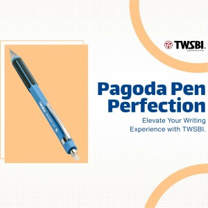 Close-up of a blue TWSBI Pagoda pen on a peach background with text promoting writing experience.