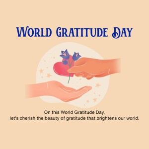 Illustration depicting hands exchanging a flower over a heart for World Gratitude Day