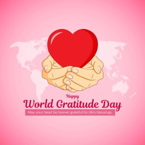 Hands holding a red heart with the text 'Happy World Gratitude Day'