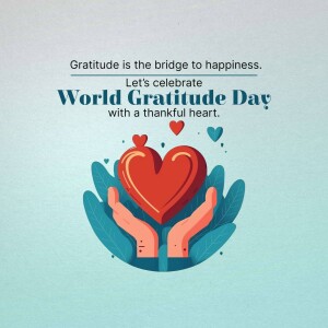 Illustration for World Gratitude Day featuring hands holding a heart and leaves.