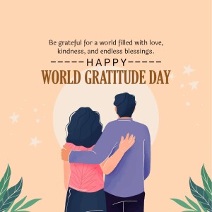 Illustration of a couple embracing with text 'Happy World Gratitude Day'