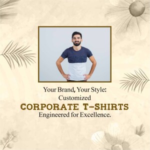 Man wearing a customized corporate t-shirt with branding and text.