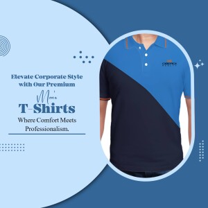Blue and black color block polo t-shirt for men, promoting corporate style and comfort.