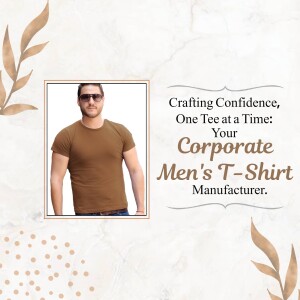 Man wearing a brown t-shirt with text promoting corporate t-shirt manufacturing.