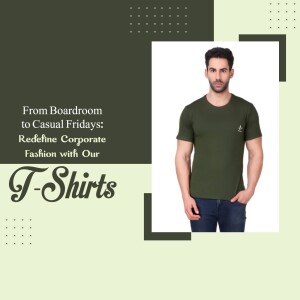 Man wearing a dark green t-shirt, promoting corporate casual wear.