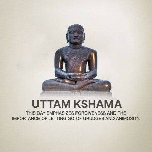 Statue of a Jain Tirthankara with text 'Uttam Kshama'