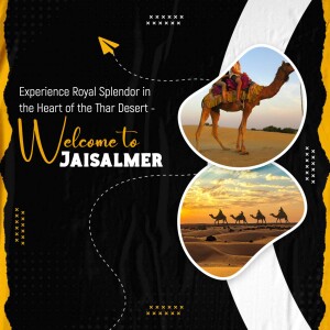 Jaisalmer tourism poster featuring a camel ride and desert landscape.
