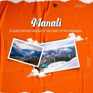 Manali travel poster with snowy mountains and a picturesque landscape.