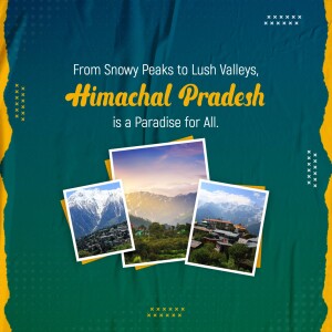 Promotional image for Himachal Pradesh tourism featuring mountain landscapes.