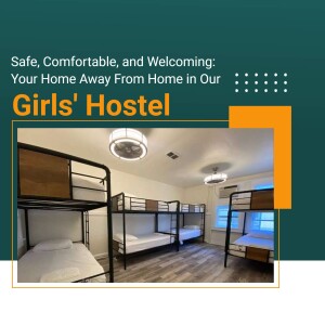 Interior view of a clean and well-lit girls' hostel room with bunk beds.