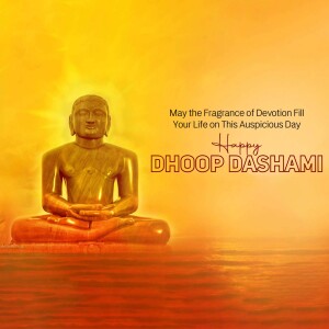 Image of a golden statue of a Jain Tirthankara with text 'Happy Dhoop Dashami'